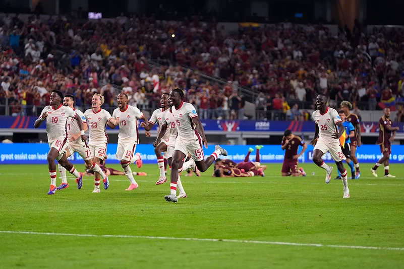 Canada celebrates their quarterfinal win in a Copa America 